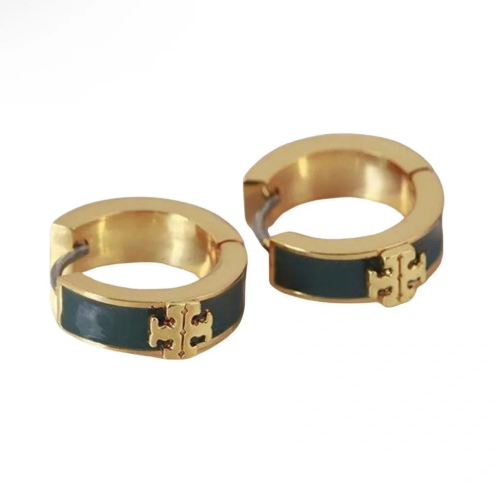 TORY BURCH Kira Dark Green Gold Enamel Hoop Earrings $139 NEW